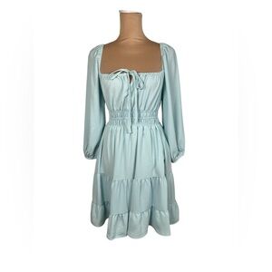 She + Sky Ruffled Tiered Dress Light Aqua Long Sleeve NWT Small